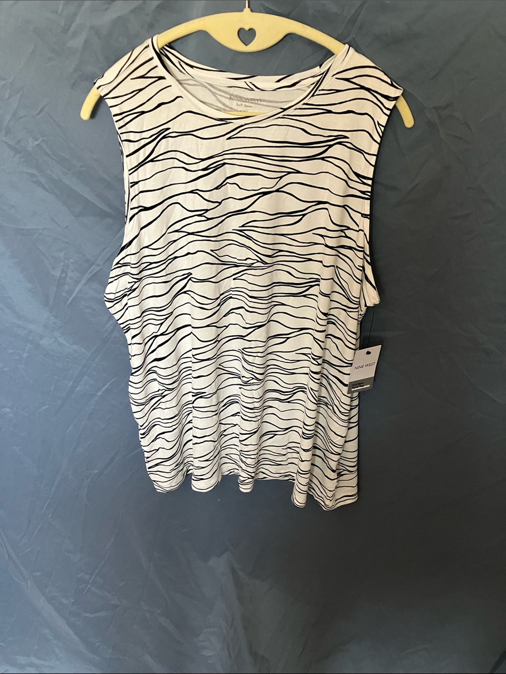 Nine West: White Tank Top with Black Wave Stripe Print- Soft- XXL